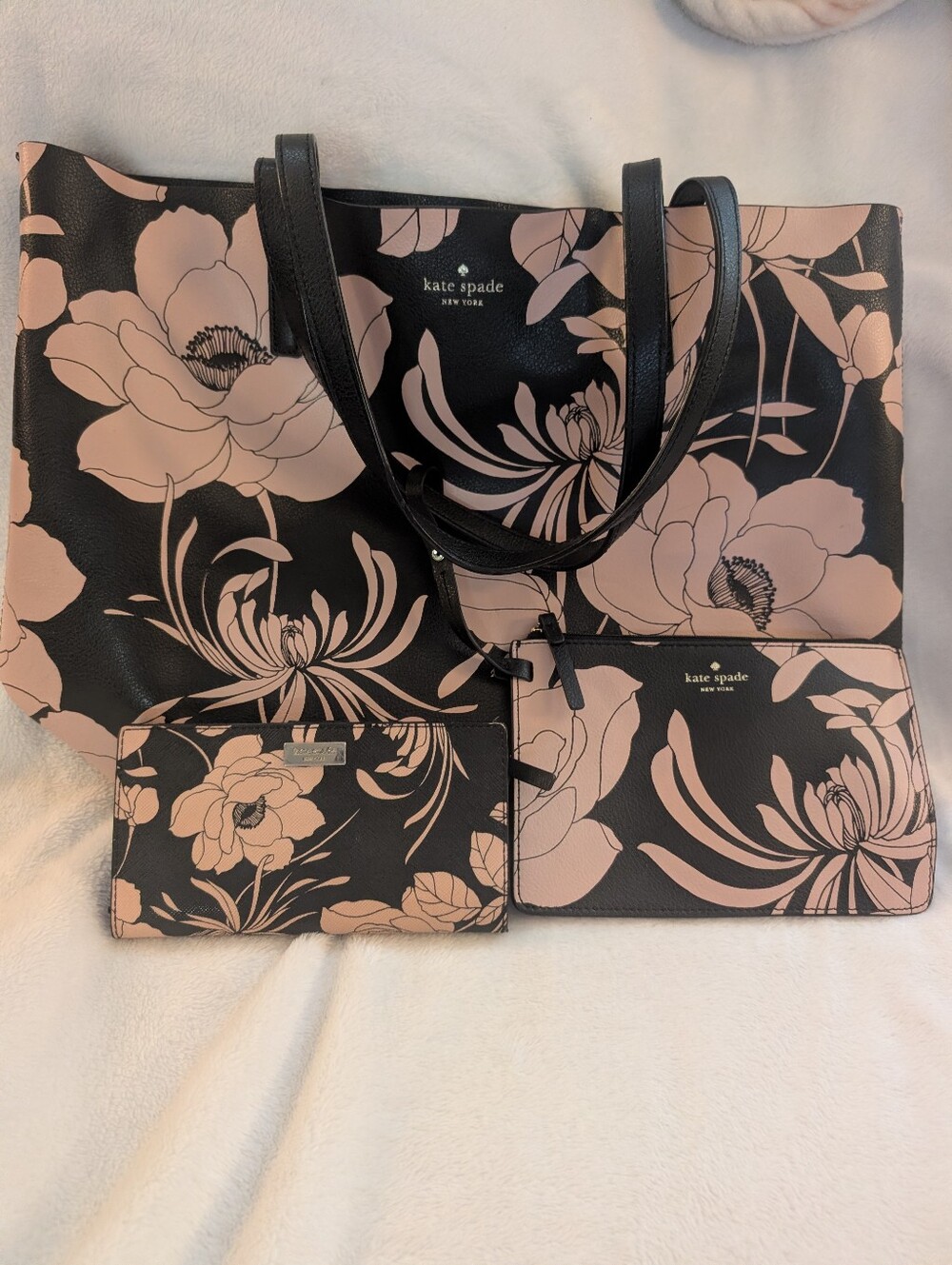 kate spade Black Tote with Blush Floral Print and Matching Wallets